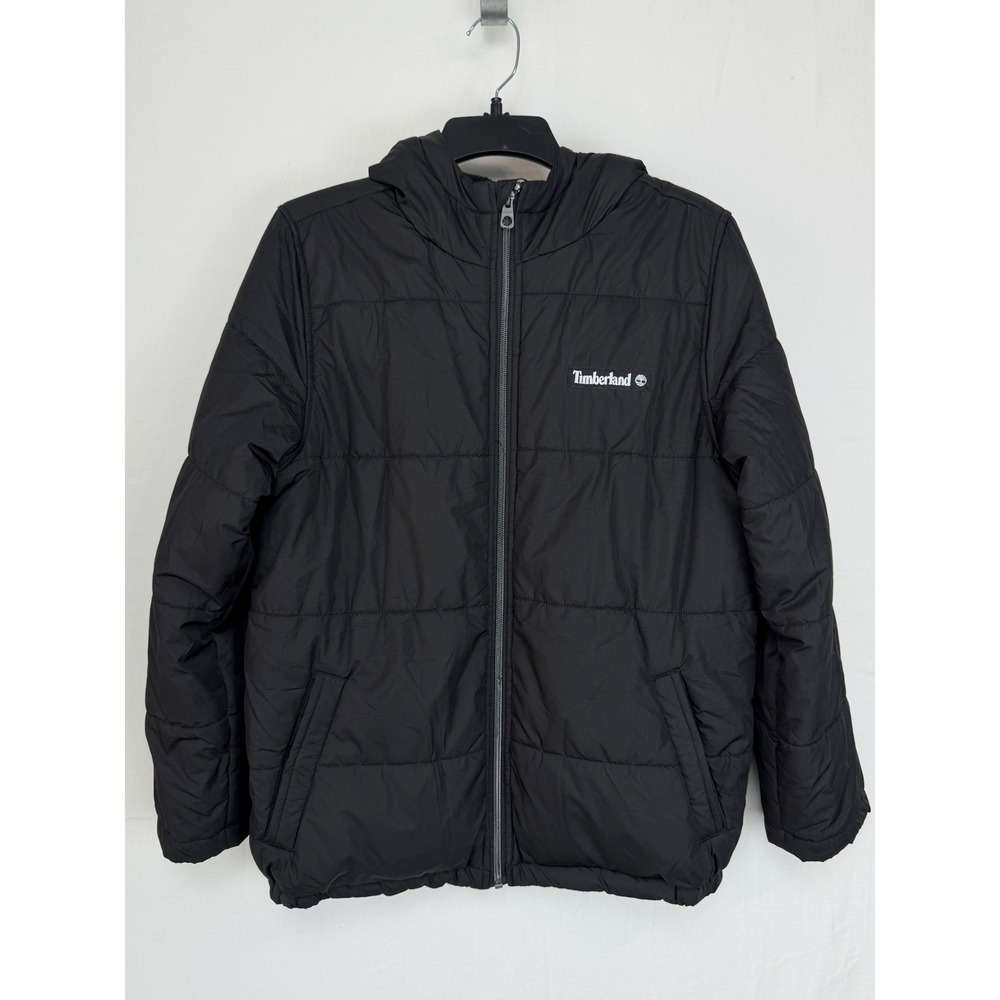 Timberland Boys Puffer Jacket Size 14/16 Black Hooded Quilted Full Zip Coat